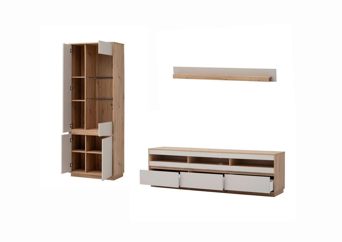 WOHNWAND 3-teilig  in Eiche Artisan  292/205/40 cm  - Kaschmir/Eiche Artisan, Design, Glas/Holzwerkstoff (292/205/40cm) - MID.YOU