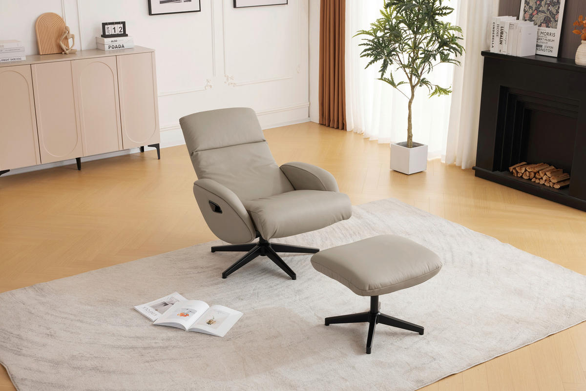 RELAXAČNÍ KŘESLO S TABURETEM, textil, kůže, šedohnědá - černá/šedohnědá, Design, kov/textil (77/107/75cm) - Livetastic