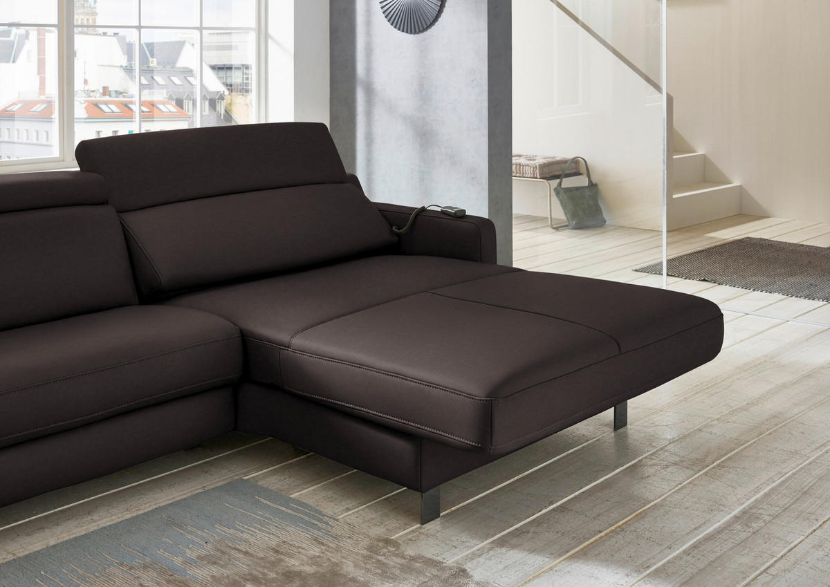 ECKSOFA in Echtleder Mokka  - Schwarz/Mokka, Design, Leder/Metall (291/176cm) - Valdera