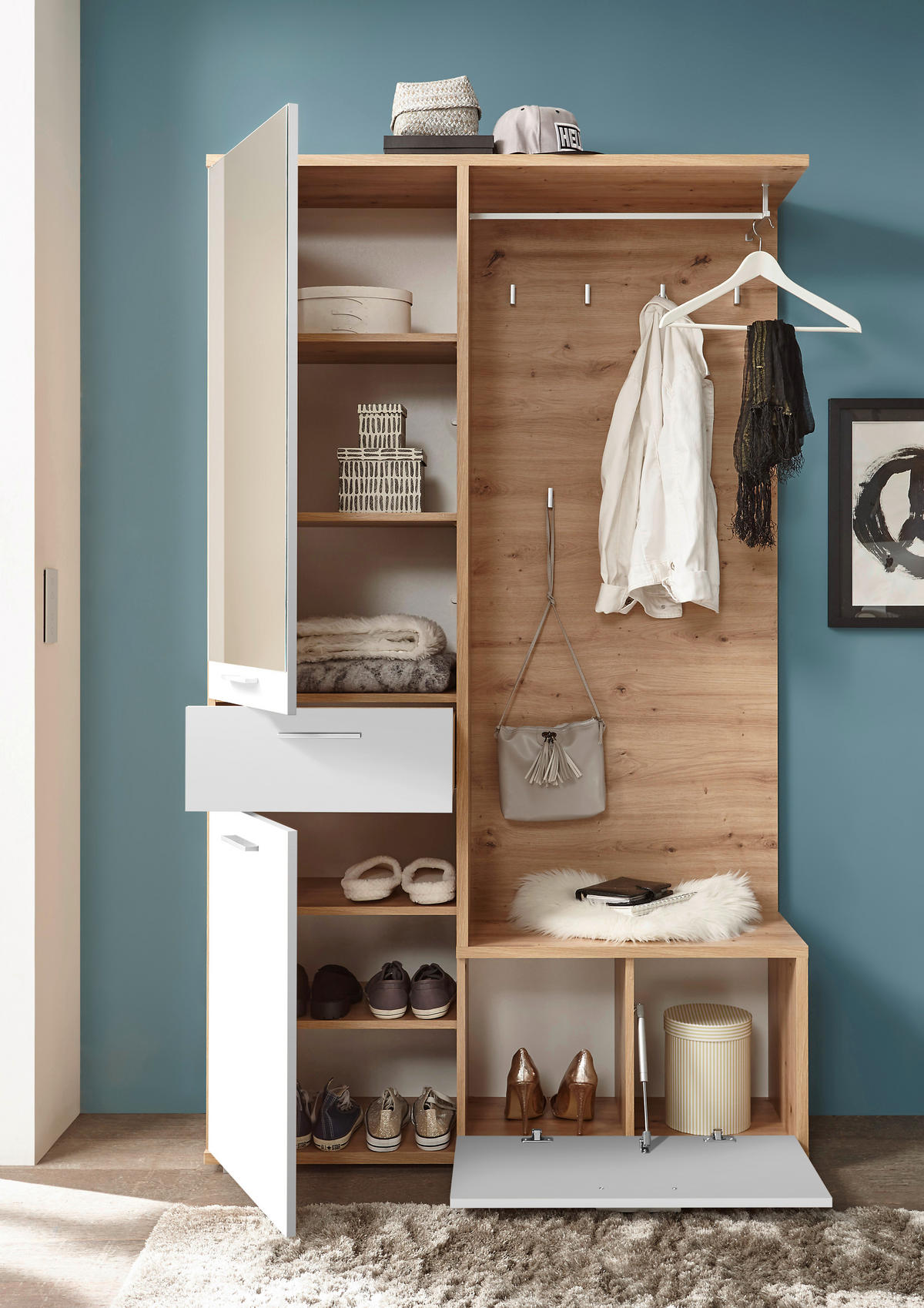 GARDEROBE 3-teilig  in 117/198/98 cm  - Eichefarben/Weiß, Design, Glas/Holzwerkstoff (117/198/98cm) - MID.YOU