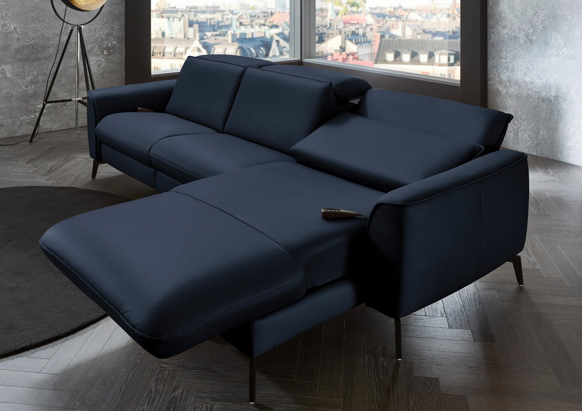 ECKSOFA in Echtleder Dunkelblau   - Schwarz/Dunkelblau, Natur, Leder/Metall (281/168cm) - Valdera
