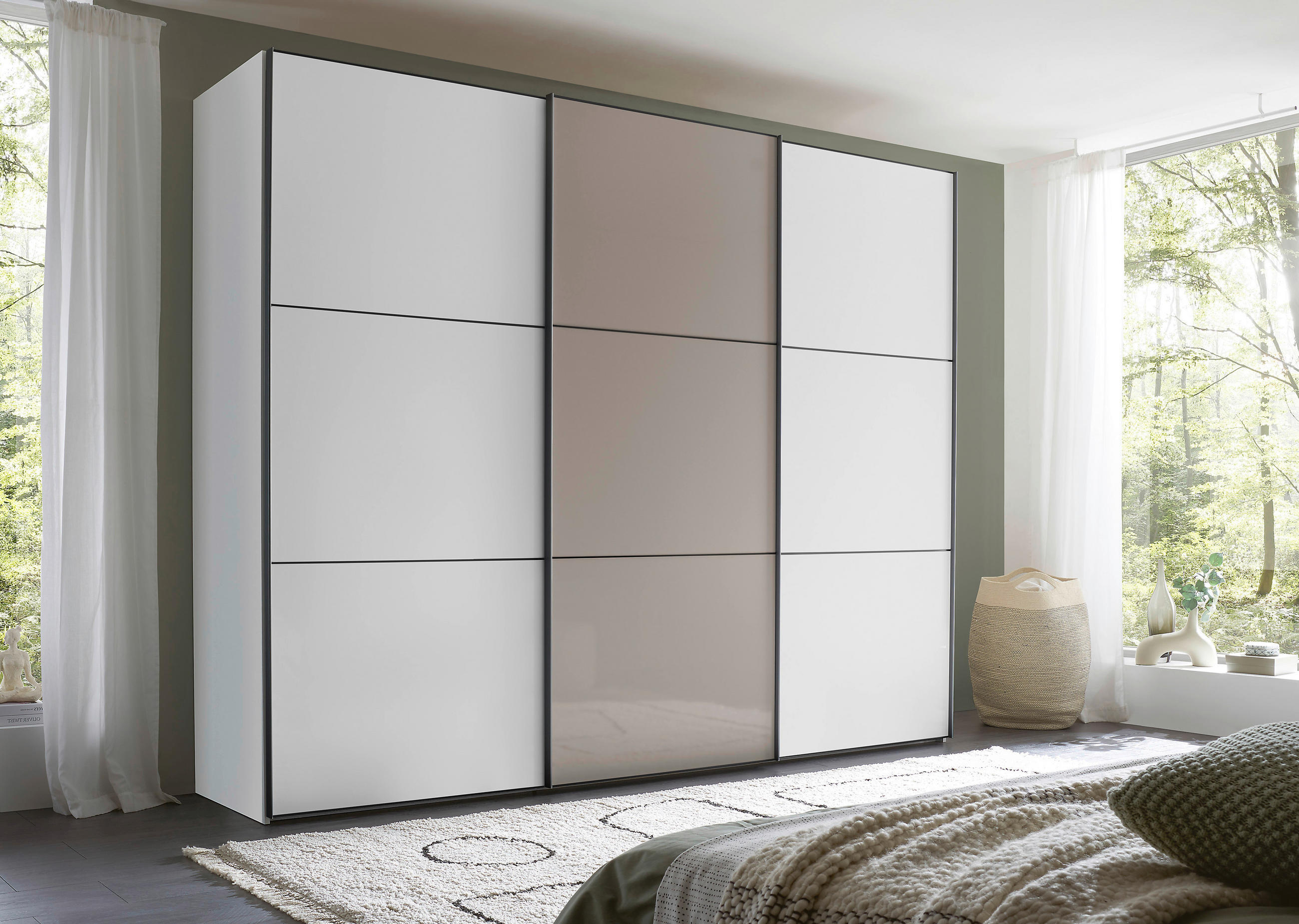 SCHWEBETÜRENSCHRANK 249/222/68 cm 3-türig Schwarz, Weiß, Dunkelgrau  - Dunkelgrau/Schwarz, MODERN, Holzwerkstoff/Metall (249/222/68cm) - Moderano