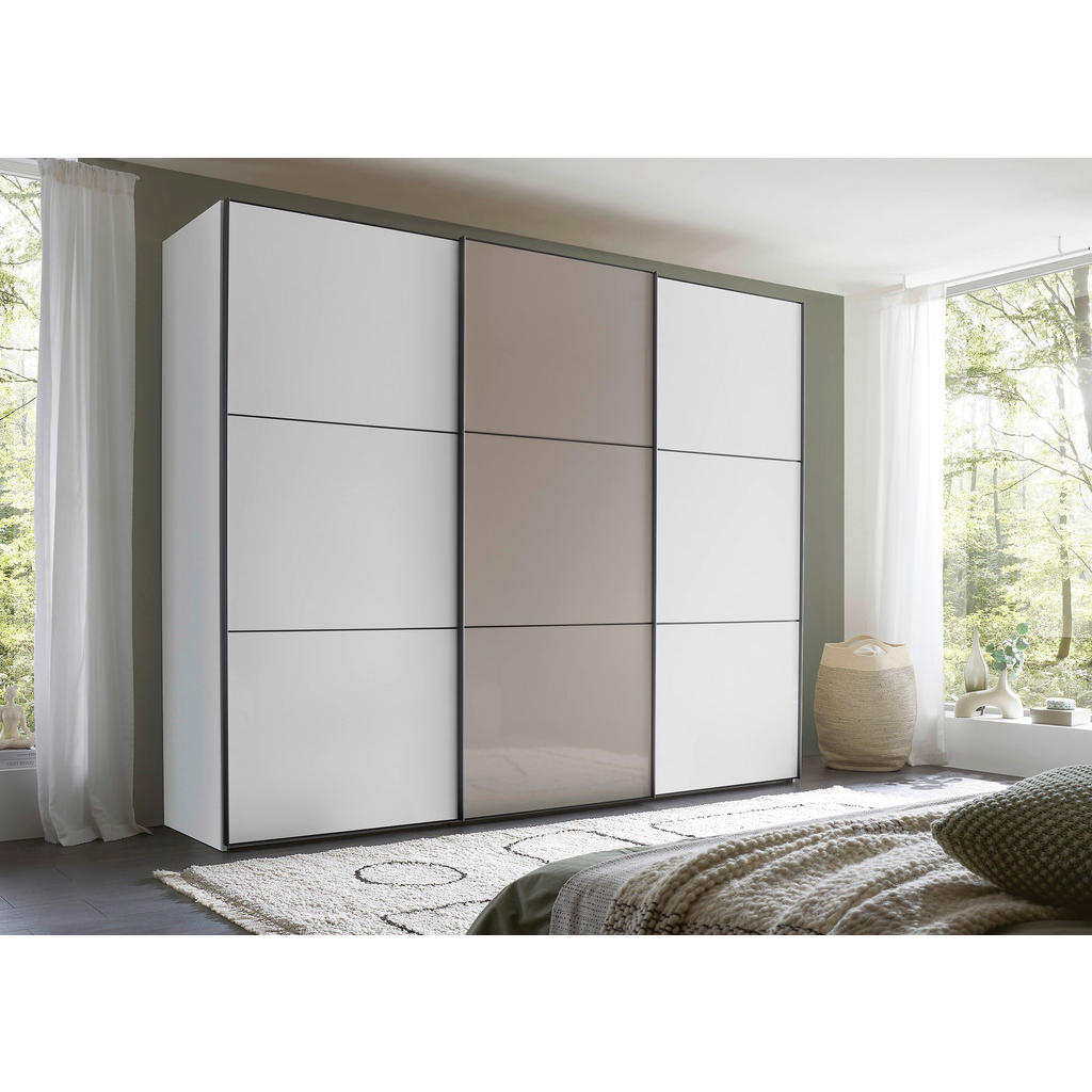 Thumbnail - Moderano Schwebetürenschrank, Schwarz, Weiß, Dunkelgrau, Holzwerkstoff, 10 Fächer, 2 Schubladen, 298x222x68 cm, Blauer E...