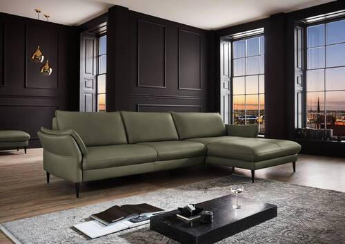 ECKSOFA in Echtleder Grau, Grün  - Schwarz/Grau, Design, Leder/Metall (334/172cm) - Valdera