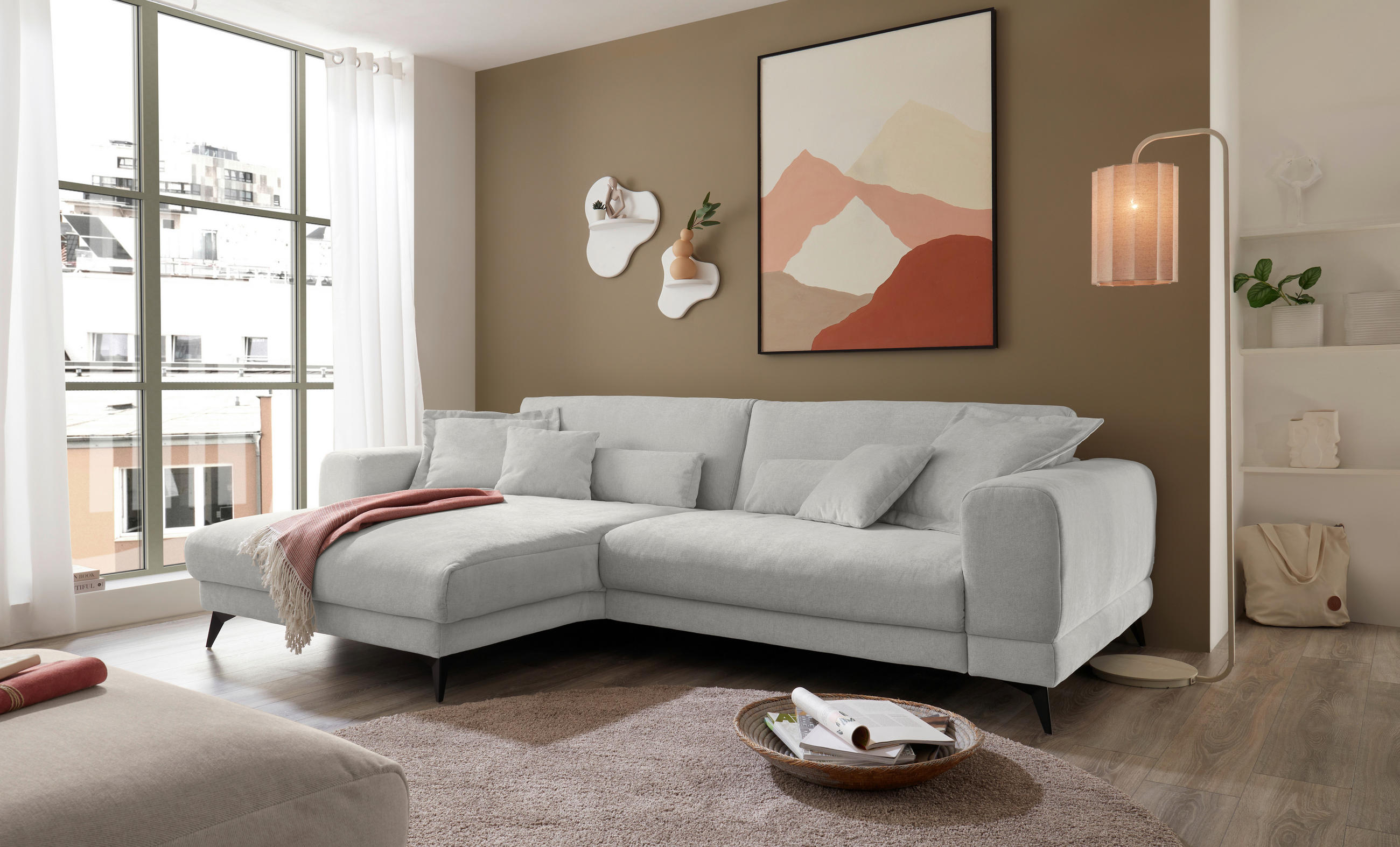 ECKSOFA Hellgrau Chenille  - Hellgrau/Schwarz, KONVENTIONELL, Textil/Metall (194/292cm) - SetOne by Musterring