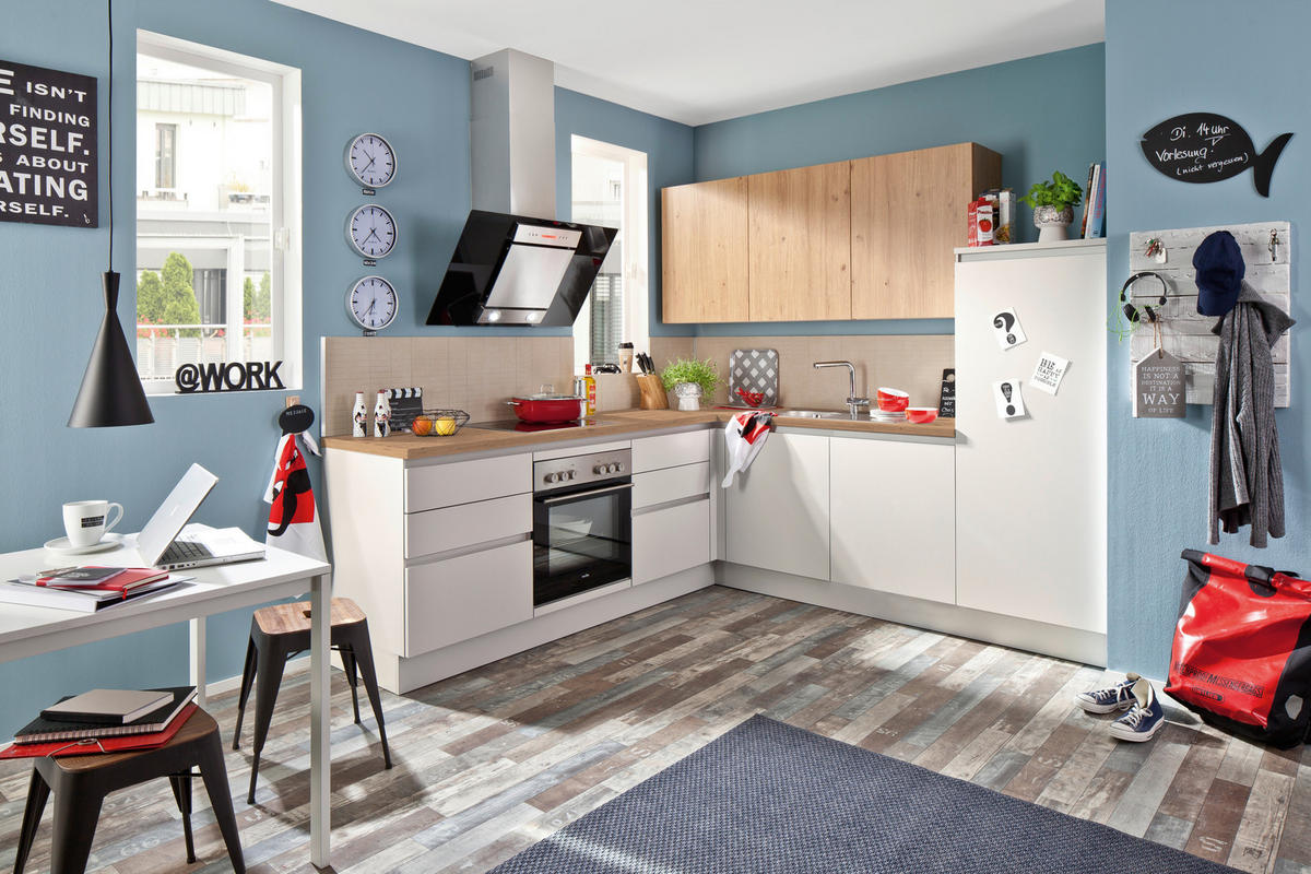 EINBAUKÜCHE   - Weiss/Eichefarben, Design, Holzwerkstoff - Novel