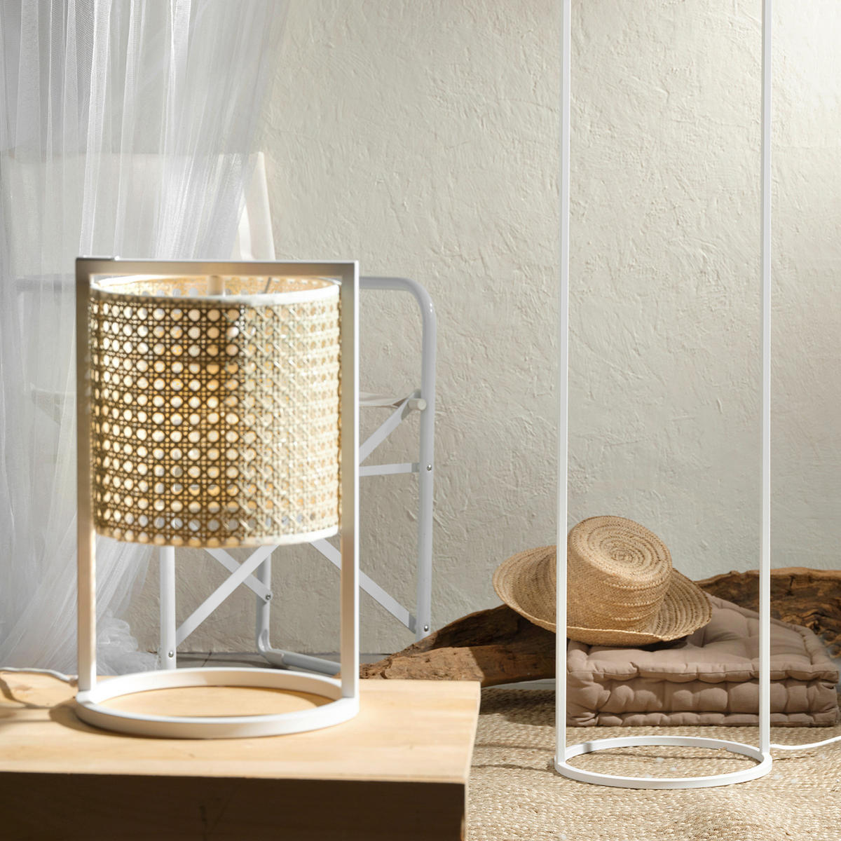 TISCHLEUCHTE 22/36 cm   - Weiß Hochglanz/Braun, Basics, Kunststoff/Textil (22/36cm)