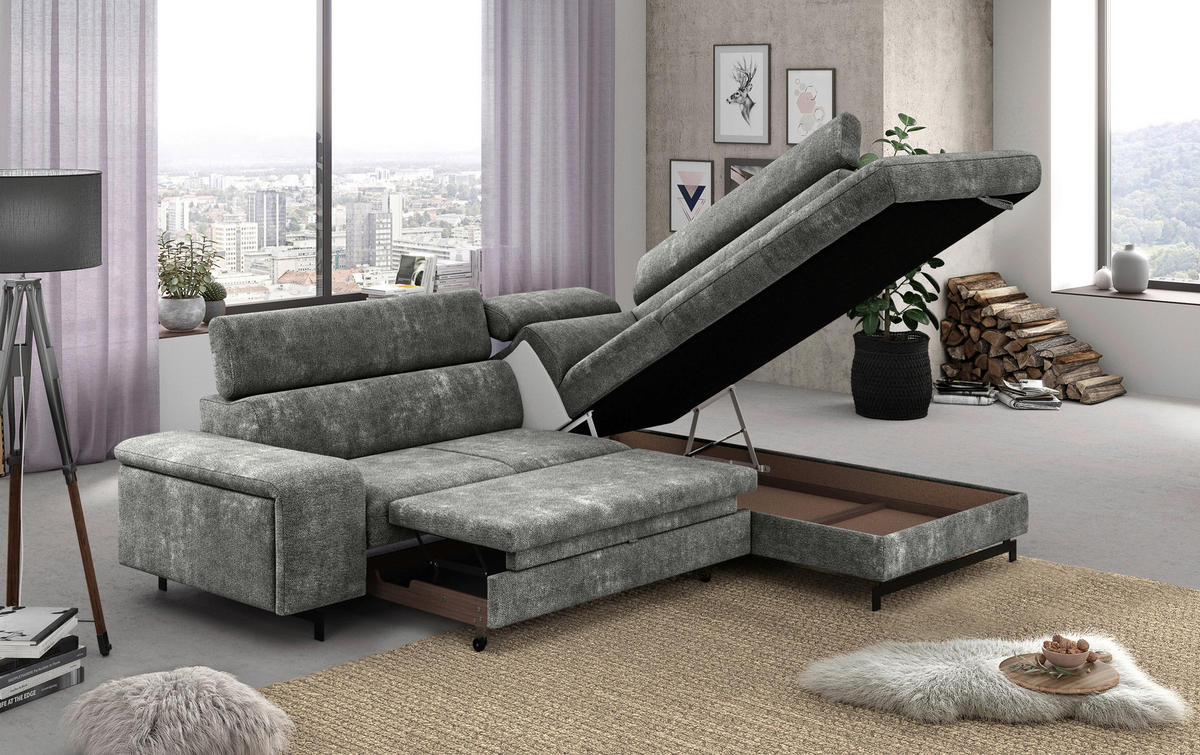 ECKSOFA Grau Chenille  - Schwarz/Grau, Textil/Metall (262/215cm) - MID.YOU
