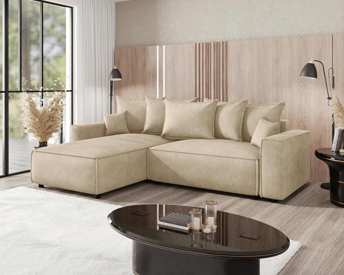 ECKSOFA 190/280 cm MERO in Cord Creme Zierkissen, Rückenkissen, Bettkasten  190/280 cm  - Creme/Schwarz, MODERN, Kunststoff/Textil (190/280cm) - MID.YOU