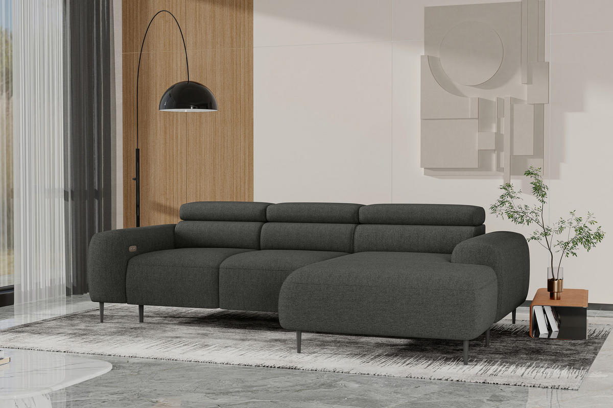 ECKSOFA Anthrazit Struktur Rücken echt, Kopfteilverstellung, Sitztiefenverstellung  - Anthrazit/Schwarz, MODERN, Textil/Metall (274/179cm) - Welnova