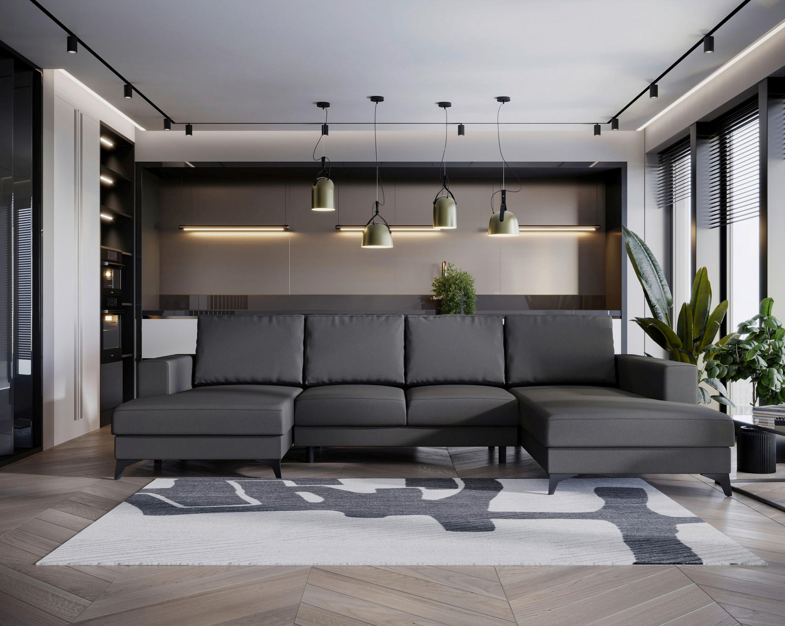 WOHNLANDSCHAFT Grau Flachgewebe  - Schwarz/Grau, Design, Textil/Metall (156/339/190cm) - Livetastic