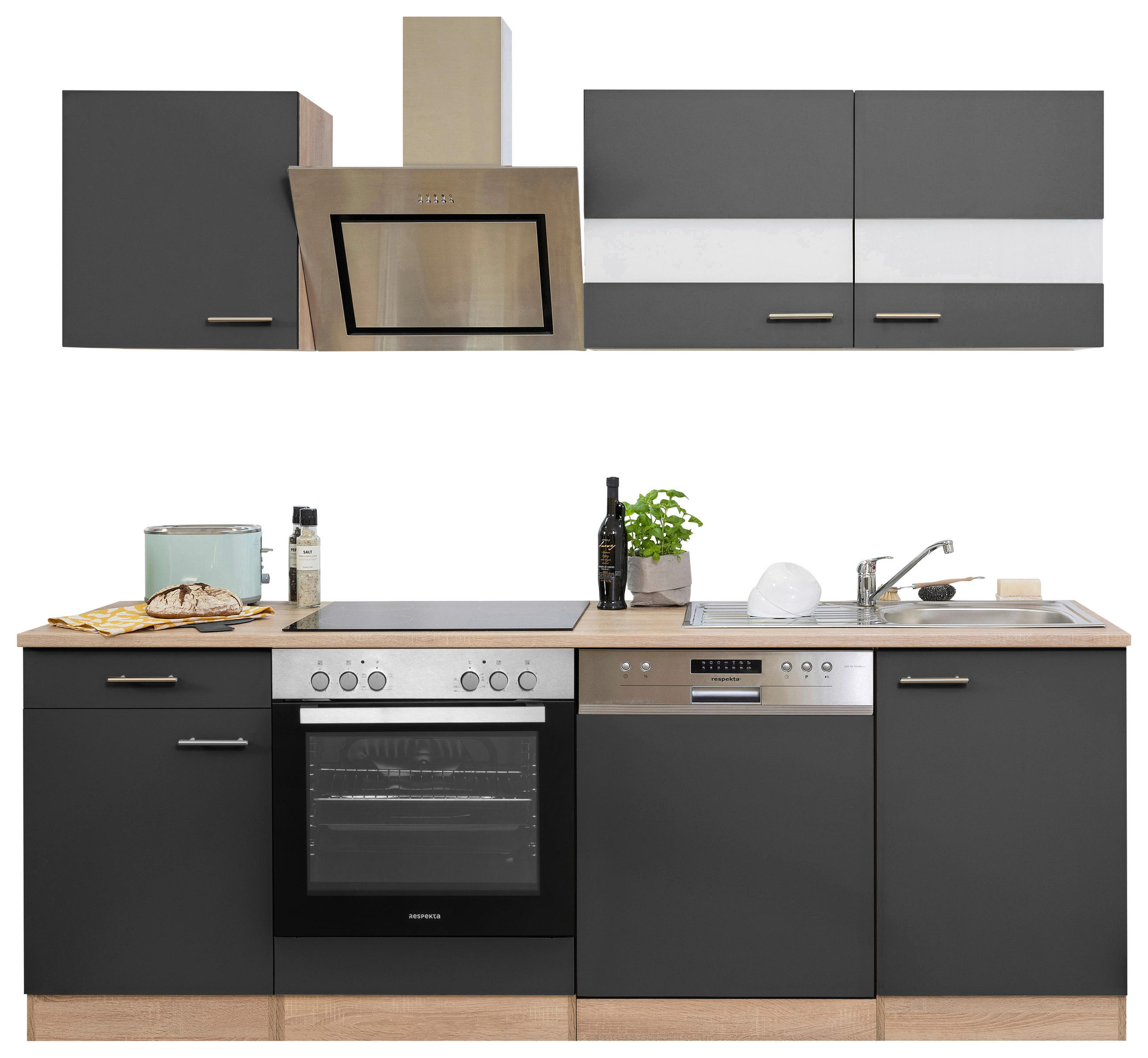 KÜCHENBLOCK 220 cm in Grau - Edelstahlfarben/Eichefarben, Basics, Holzwerkstoff/Metall (220cm) - Respekta