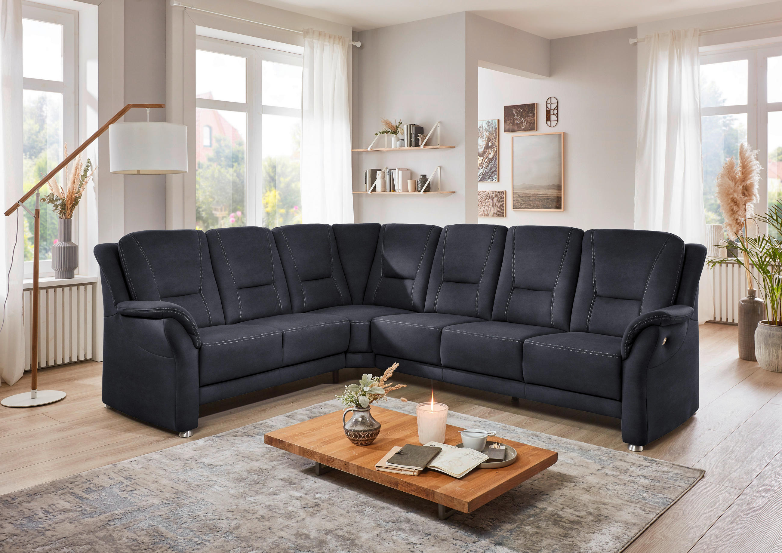 ECKSOFA in Mikrofaser Dunkelblau  223/275 cm  - Beige/Alufarben, KONVENTIONELL, Textil/Metall (223/275cm) - Beldomo Comfort