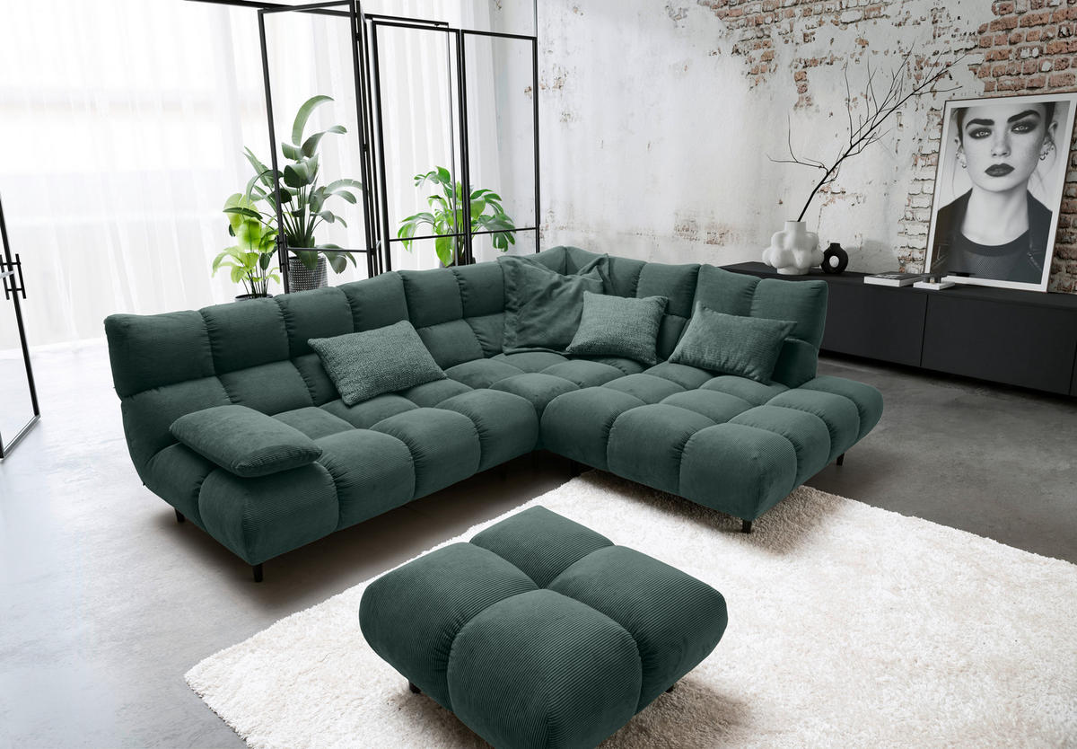 ECKSOFA Ottomane rechts, Eckteil  Grün Feincord  - Schwarz/Grün, Design, Holz/Textil (288/215cm) - Pure Home Lifestyle