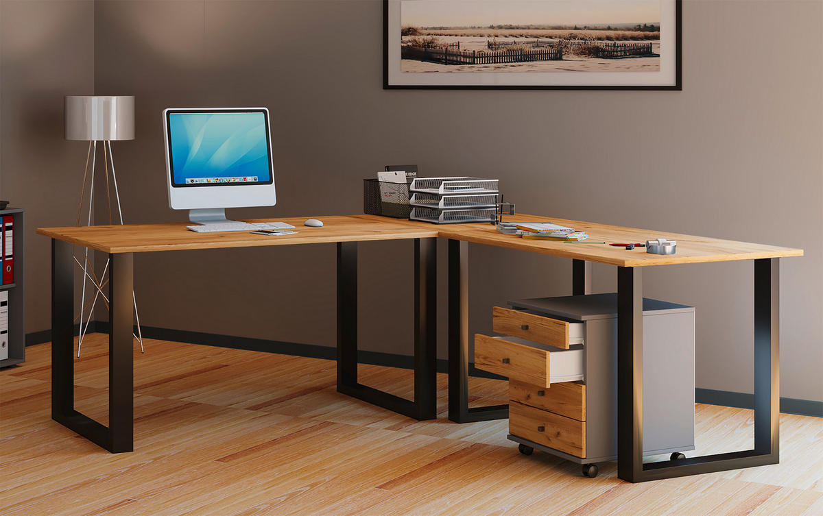 HÖRNSKRIVBORD 160/130/76 cm  in svart, honungsek  - honungsek/silver, Design, metall/trämaterial (160/130/76cm) - MID.YOU