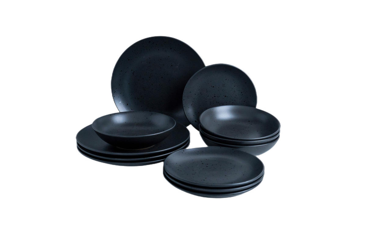 TAFELSERVICE Schwarz Luna 12-teilig  - Schwarz, KONVENTIONELL, Keramik - Van Well