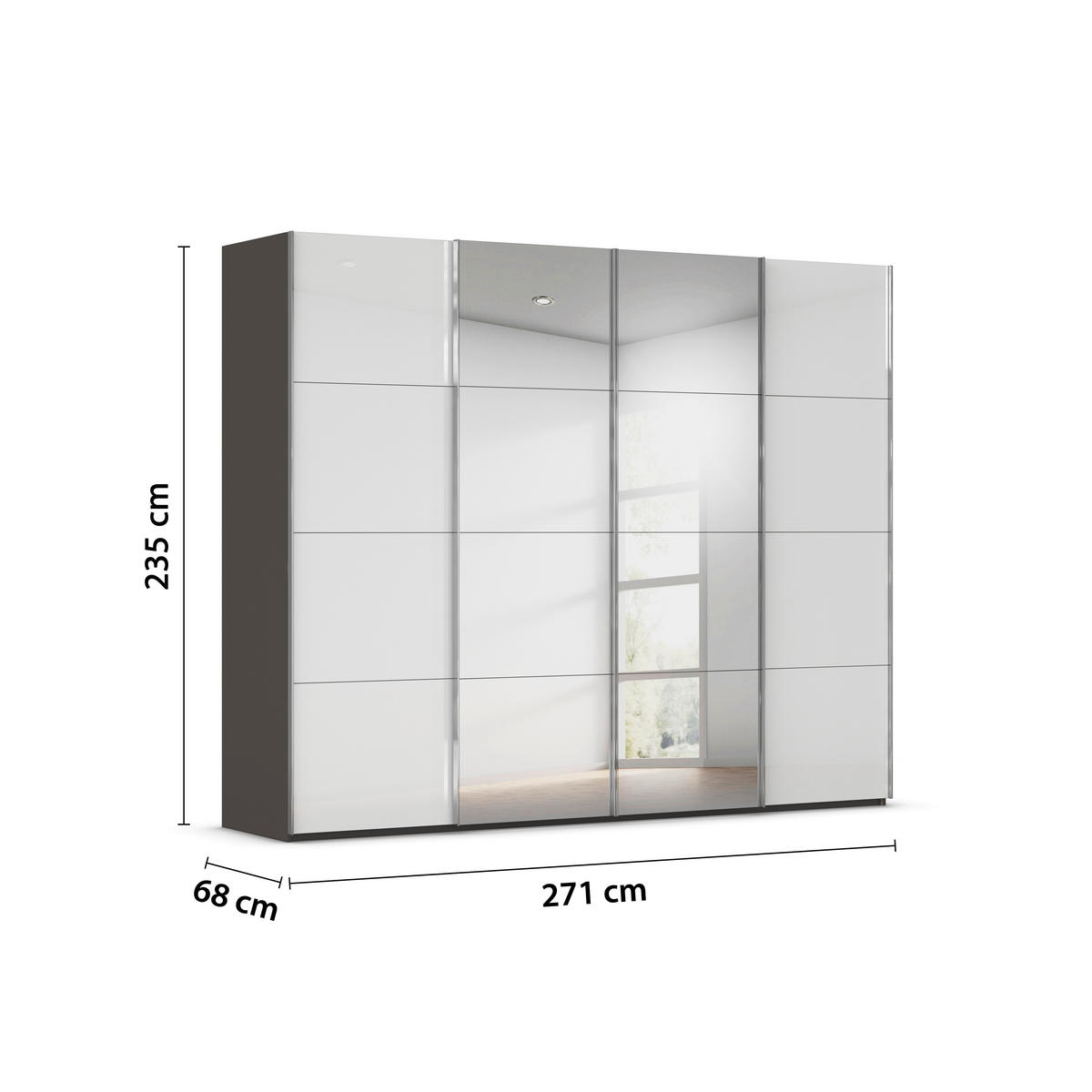 SCHWEBETÜRENSCHRANK 271/235/68 cm 4-türig Graphitfarben, Weiß  - Chromfarben/Graphitfarben, Design, Glas/Holzwerkstoff (271/235/68cm) - Novel