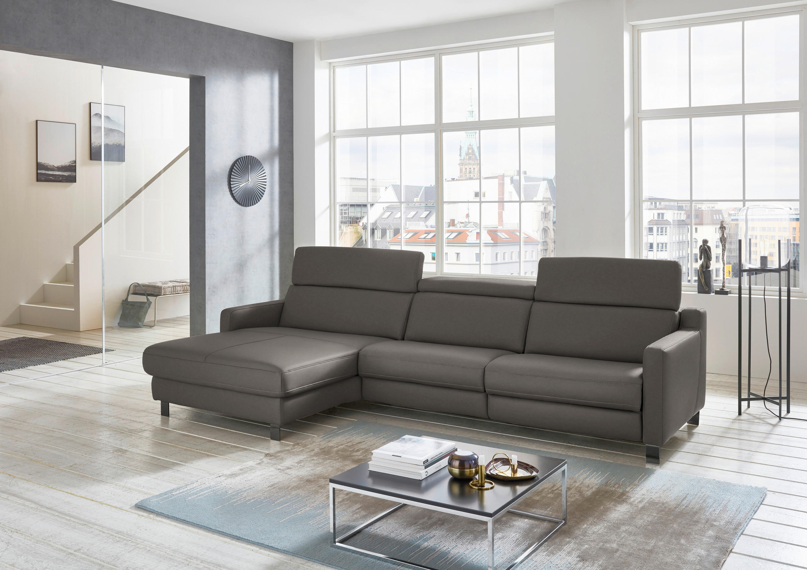 ECKSOFA in Echtleder Graubraun  - Graubraun/Schwarz, Design, Leder/Metall (176/291cm) - Valdera