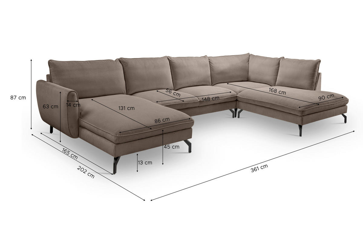 ECKSOFA TORONTO Beigebraun Cord  - Beigebraun/Schwarz, Basics, Textil/Metall (202/361cm) - MID.YOU