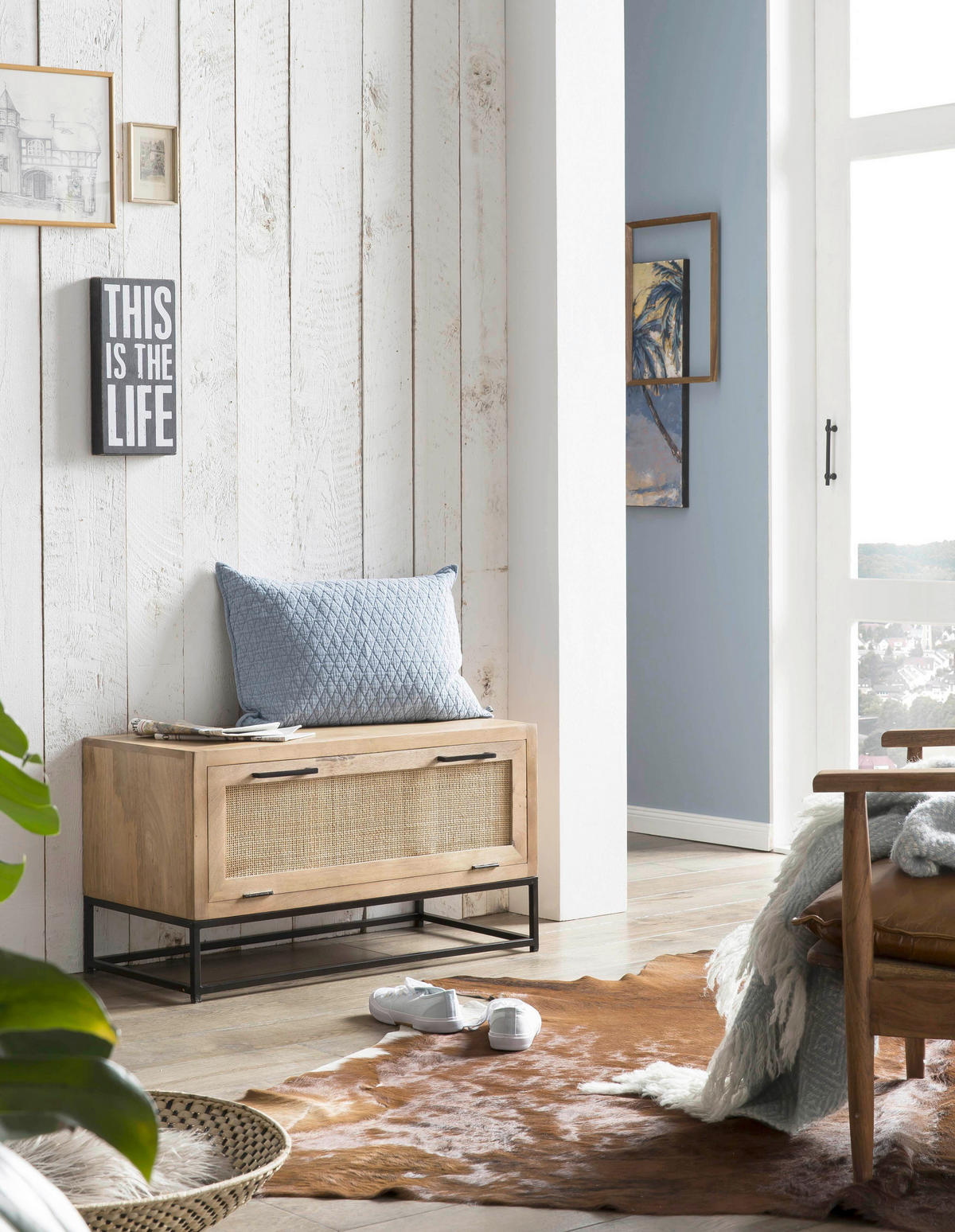 SCHUHSCHRANK Mangoholz, Rattan massiv Naturfarben, Schwarz  - Schwarz/Naturfarben, Design, Holz/Metall (84,5/48/40cm) - MID.YOU