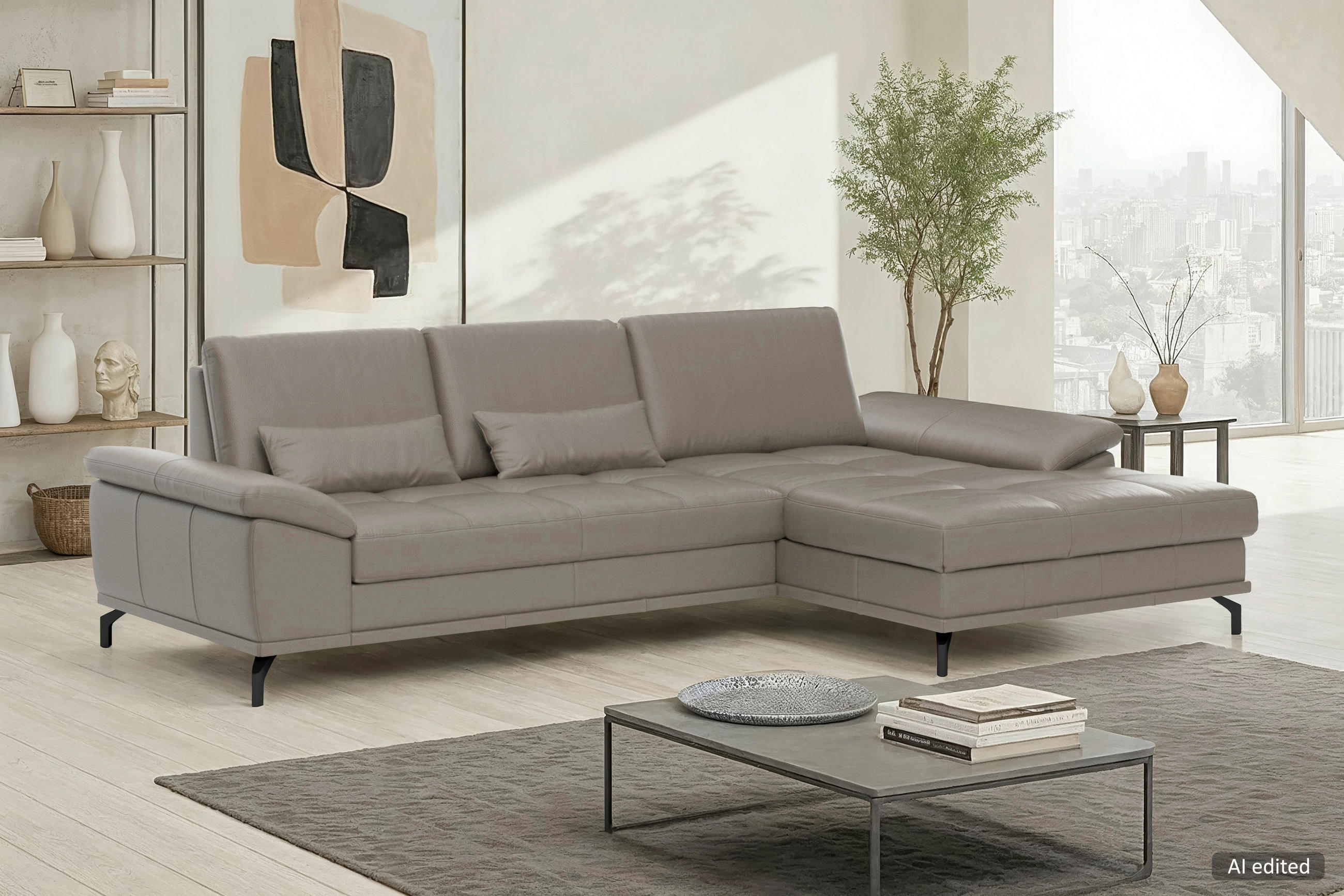 ECKSOFA COSTELLO E Grau Echtleder Nierenkissen, Armteilverstellung, Sitztiefenverstellung  - Schwarz/Grau, Basics, Leder/Textil (301/176cm) - Sit & More