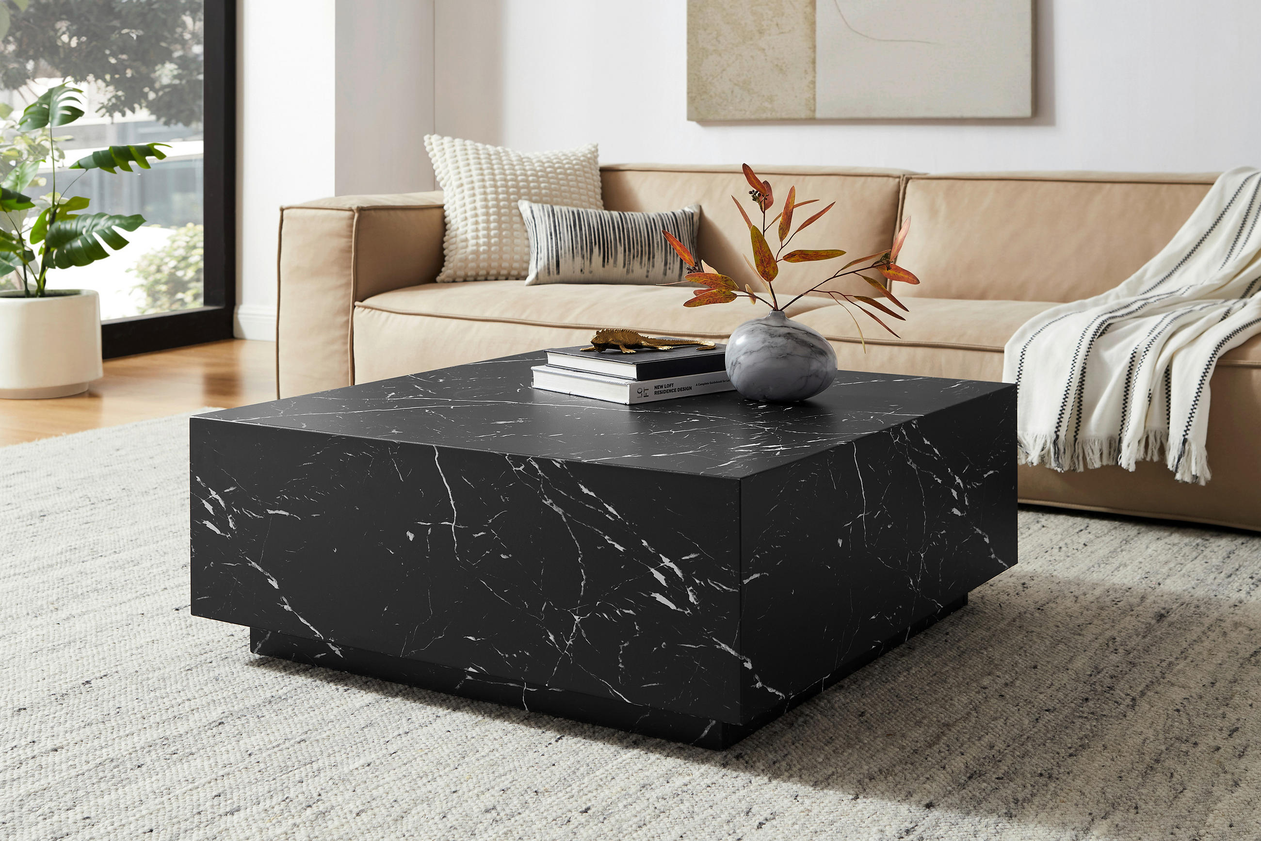 Thumbnail - Livetastic Couchtisch, Schwarz, Holzwerkstoff, Marmoroptik, quadratisch, Sockel, 90x35x90 cm, Wohnzimmer, Wohnzimmertisc...