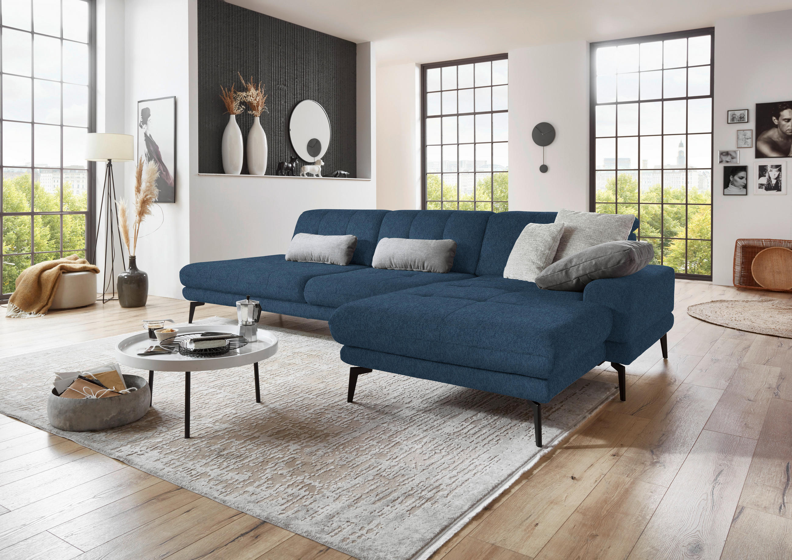 ECKSOFA in Flachgewebe Blau  - Blau/Schwarz, Design, Textil/Metall (309/190cm) - Beldomo Style