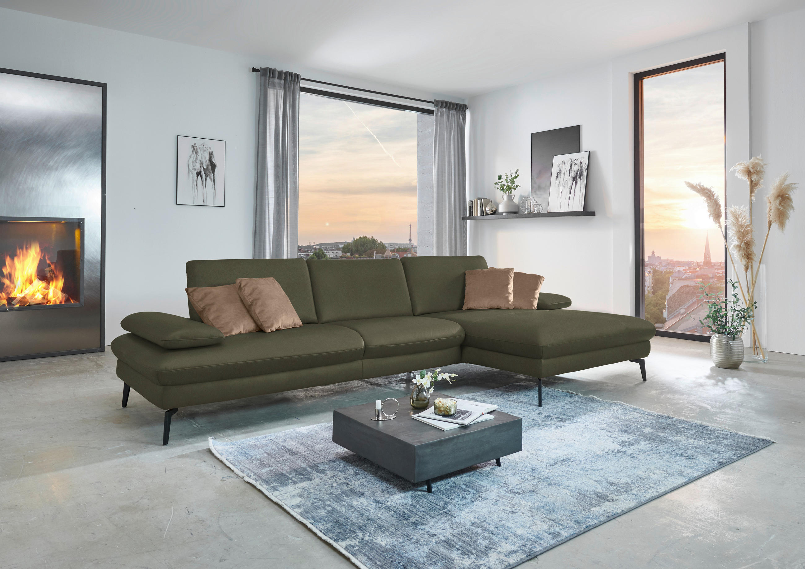 ECKSOFA in Echtleder Grau, Grün  - Schwarz/Grau, Design, Leder/Metall (325/157cm) - Dieter Knoll