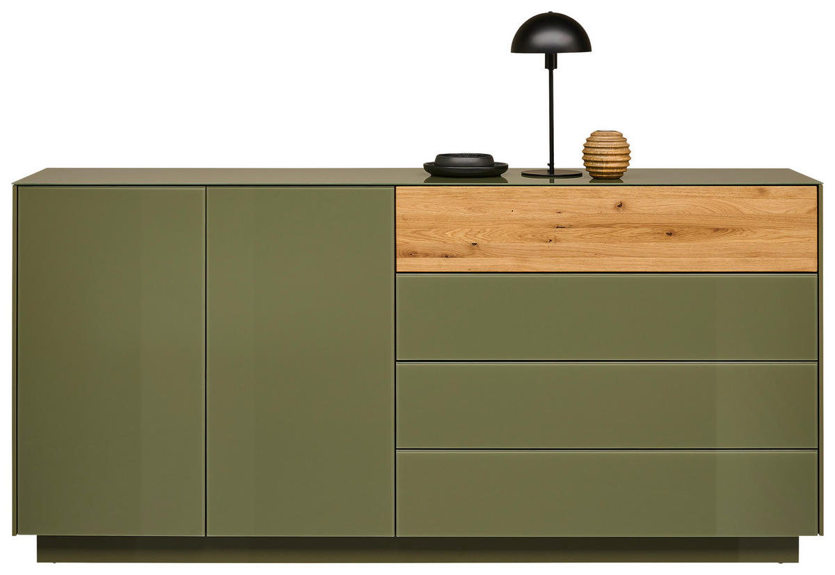 SIDEBOARD Eichefarben, Olivgrün  189/90/42 cm  - Eichefarben/Olivgrün, Design, Glas/Holz (189/90/42cm) - Novel