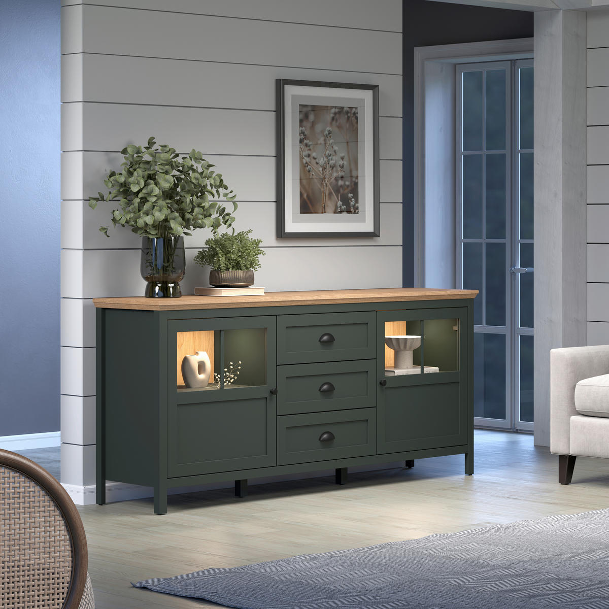 SIDEBOARD STANTON 185/86/45 cm 3 Schublade(n)  - Waldgrün/Schwarz, Design, Glas/Holzwerkstoff (185/86/45cm) - MID.YOU