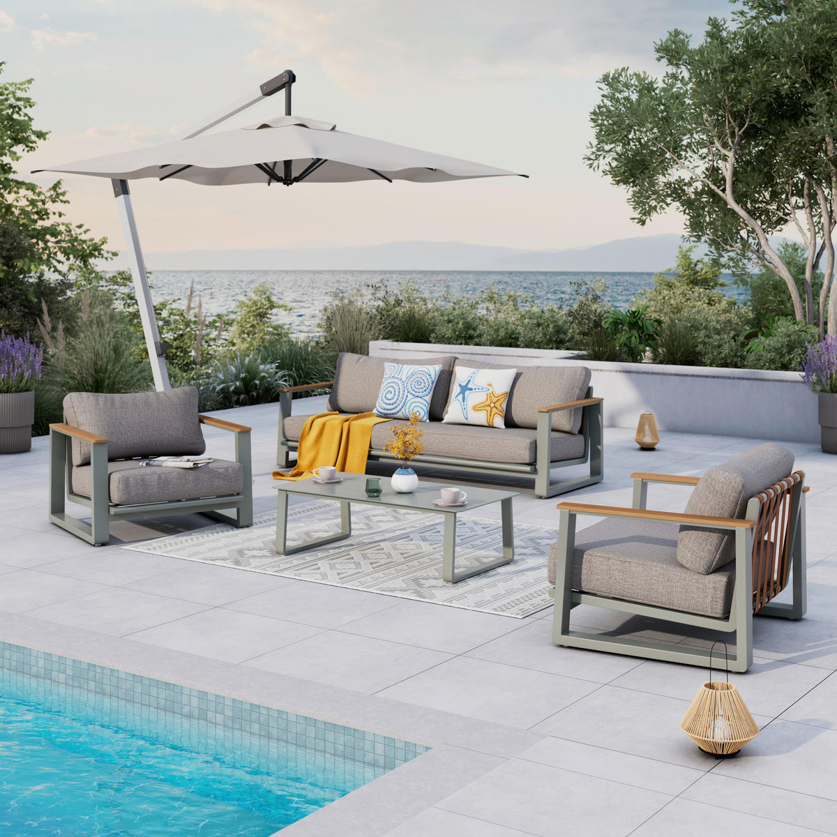 LOUNGEGARNITUR 4-teilig   209.5/65/82.5 cm Aluminium  - Beige/Braun, MODERN, Kunststoff/Textil (209.5/65/82.5cm) - Ambia Garden