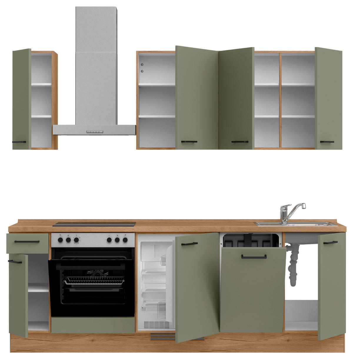 KÜCHENLEERBLOCK Senso 240 cm  in Eichefarben, Olivgrün  - Eichefarben/Schwarz, MODERN, Holzwerkstoff/Metall (240cm) - Nobilia