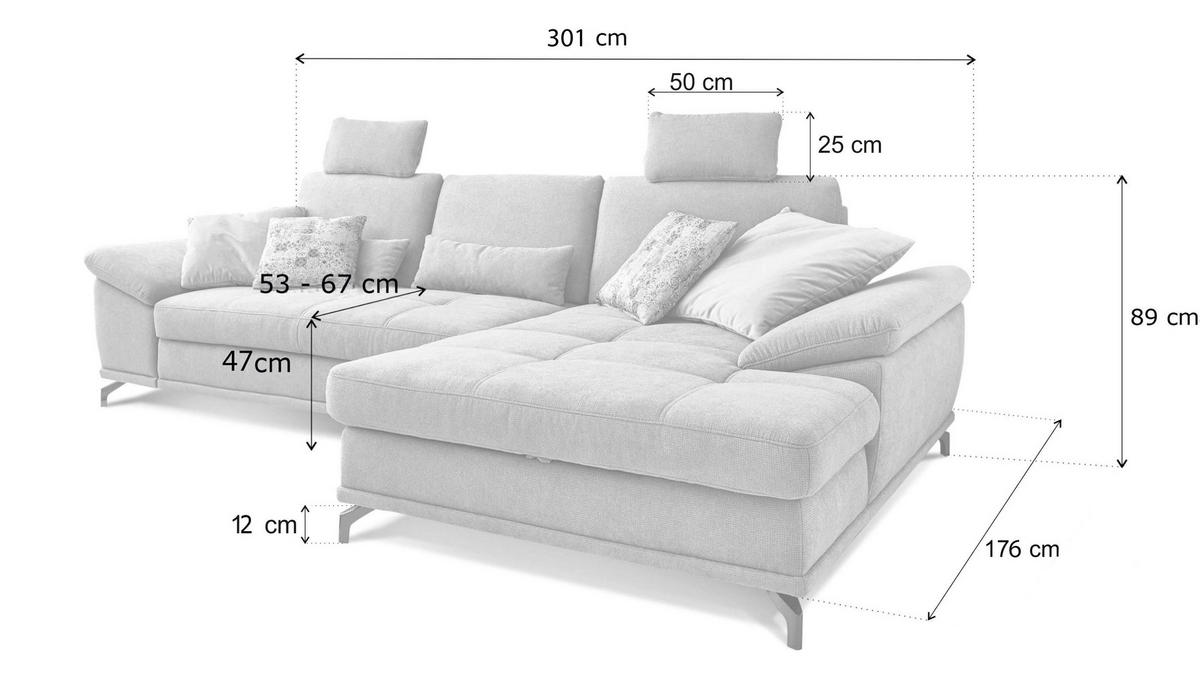ECKSOFA Flieder Flachgewebe Bettkasten, Schlaffunktion, Sitztiefenverstellung, Kopfstütze, Liegefläche im Originalstoff  - Silberfarben/Flieder, KONVENTIONELL, Textil/Metall (301/176cm) - Sit & More