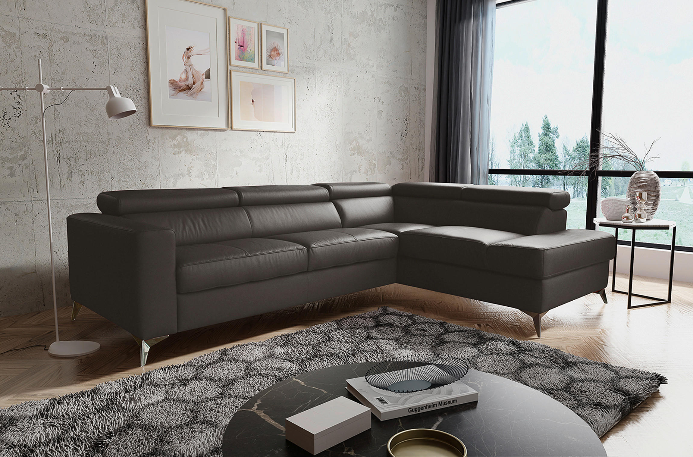 ECKSOFA in Lederlook Echtleder Dunkelbraun  - Chromfarben/Dunkelbraun, Design, Leder/Textil (286/208cm) - Livetastic