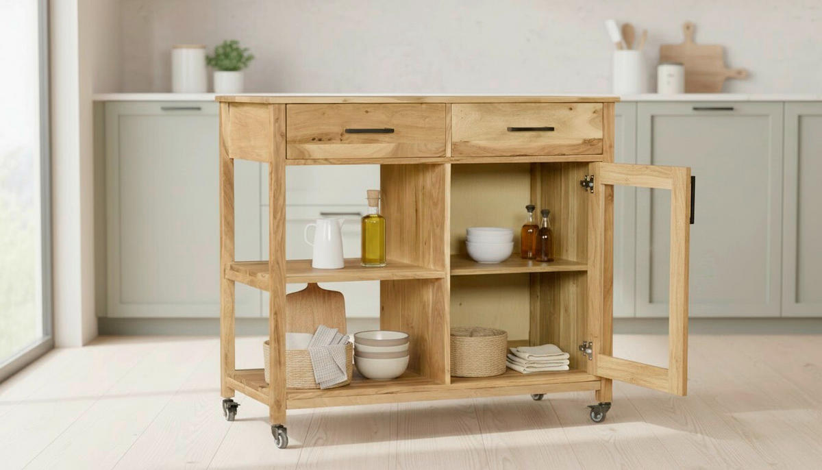 SERVIERWAGEN Akazie vollmassiv Akaziefarben  - Schwarz/Akaziefarben, Natur, Glas/Holz (100/90/48cm) - Livetastic