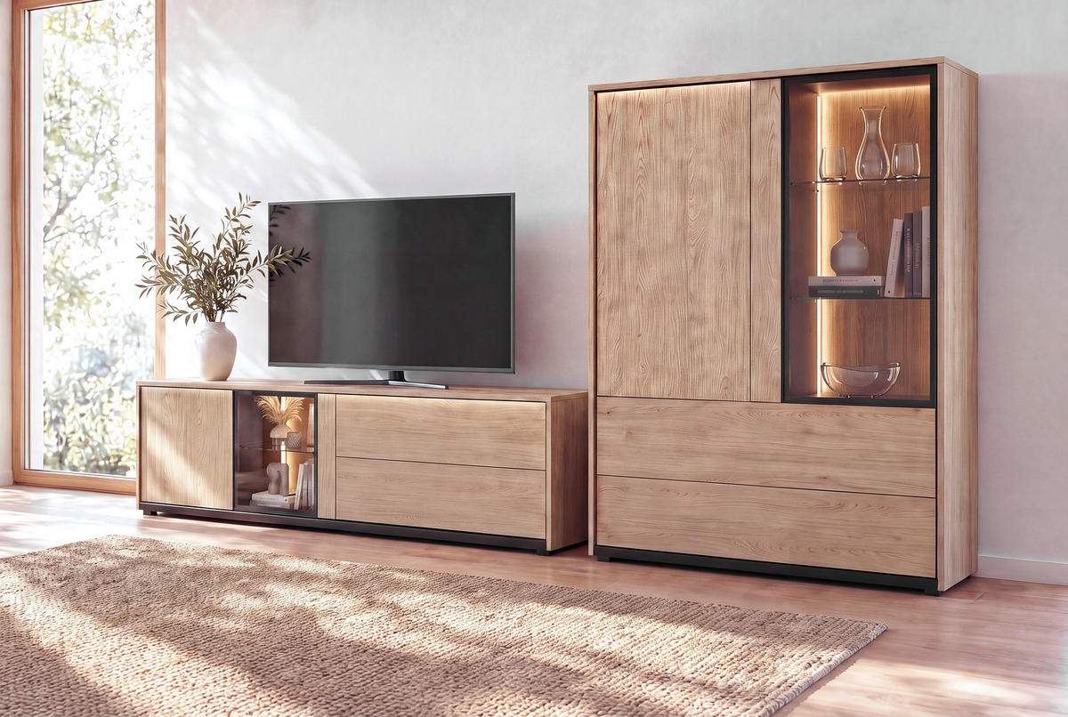 HIGHBOARD FRAME 100/131/40 cm 2 Schublade(n)  - Eichefarben/Schwarz, Modern, Glas/Holzwerkstoff (100/131/40cm) - Stylife