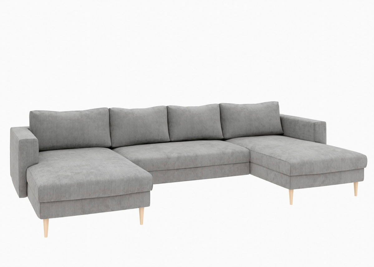 WOHNLANDSCHAFT Grau Cord  - Buchefarben/Grau, MODERN, Holz/Textil (161/306/161cm) - Trendmanufaktur