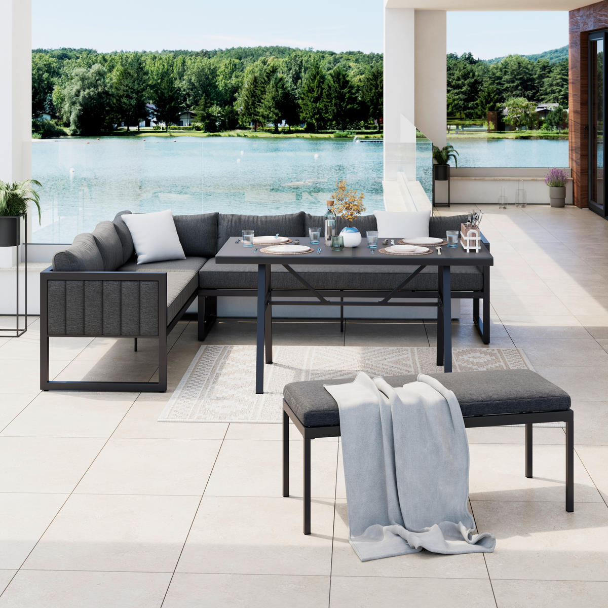 DINING-LOUNGESET 4-teilig  - Grau, MODERN, Glas/Textil (193/260cm) - Ambia Garden