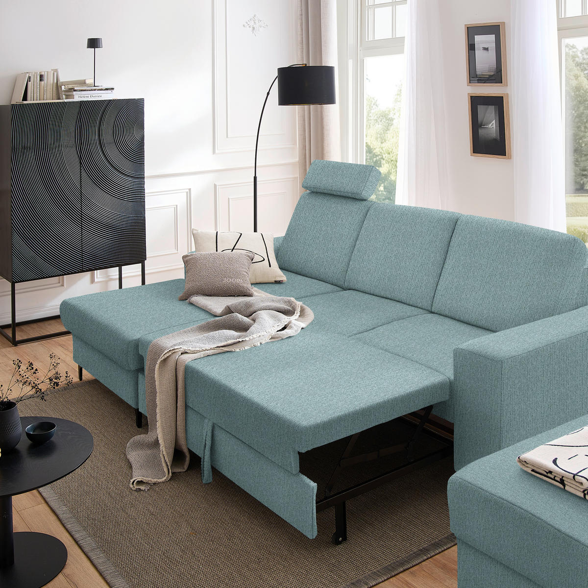ECKSOFA in Webstoff Mintgrün  - Schwarz/Mintgrün, Konventionell, Textil/Metall (167/247cm) - Stylife