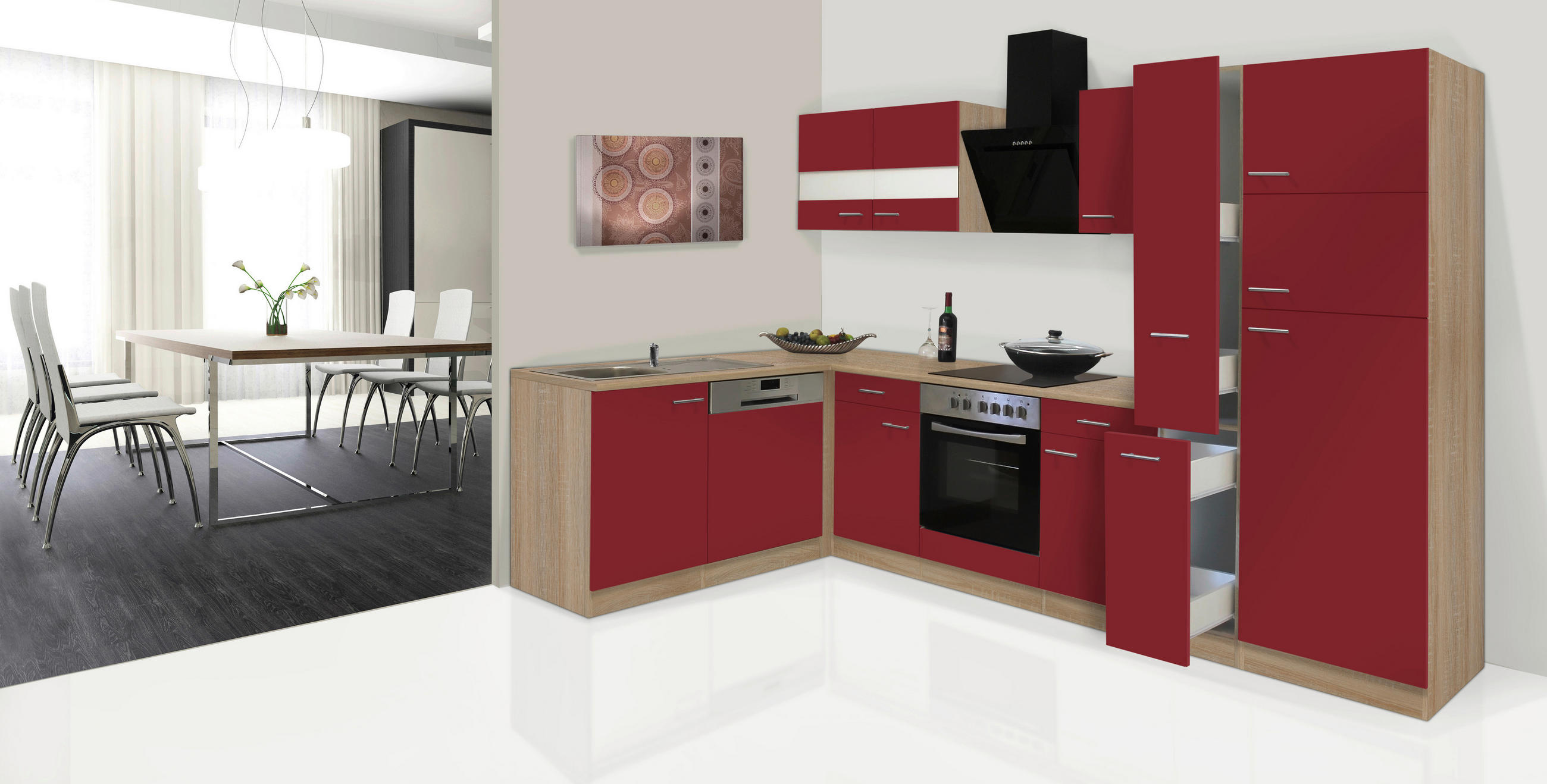 ECKKÜCHE 172/310 cm - Eichefarben/Rot, Basics, Glas/Holzwerkstoff (172/310cm) - Respekta