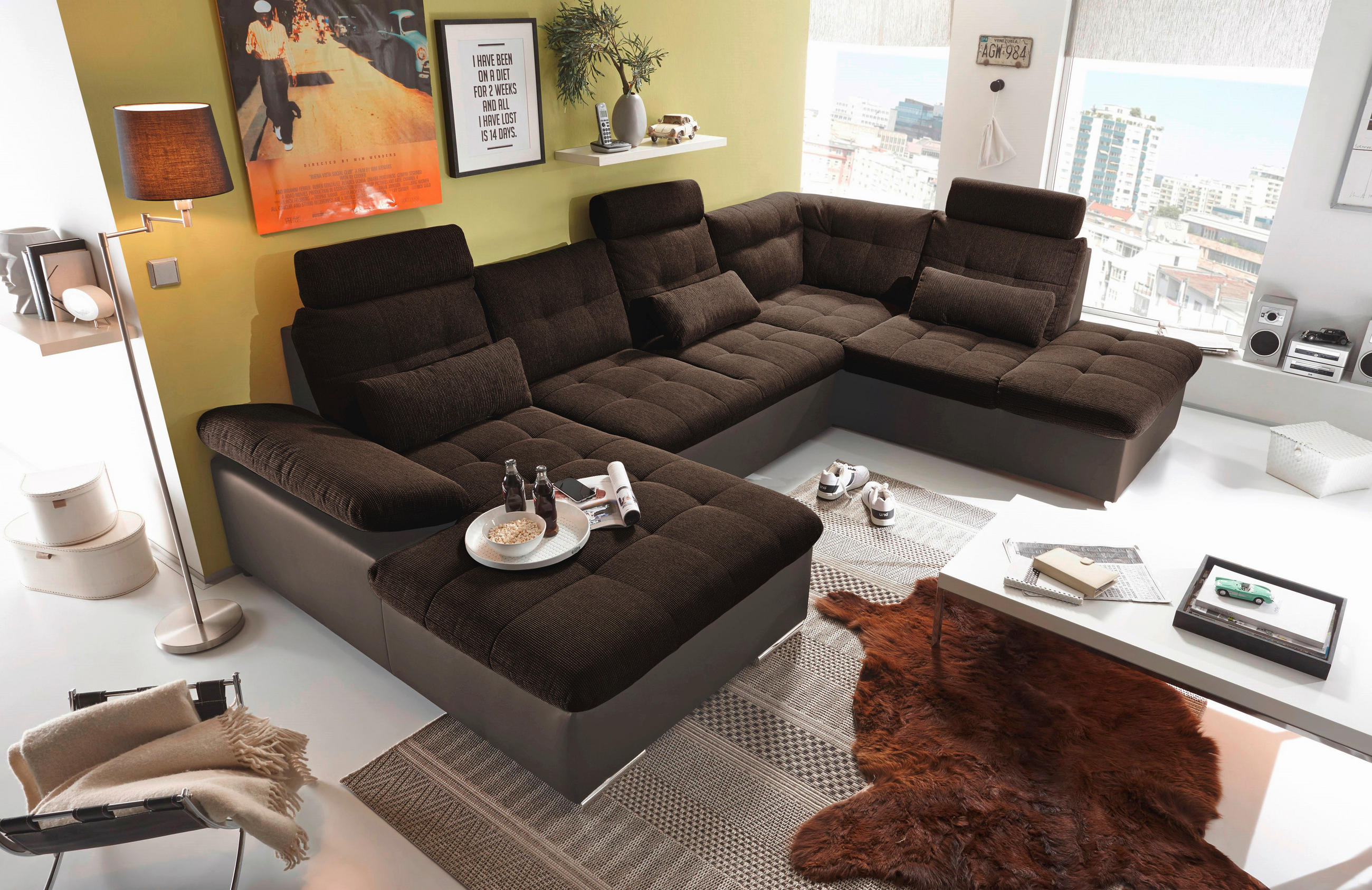 WOHNLANDSCHAFT Dunkelbraun Webstoff  - Dunkelbraun/Silberfarben, MODERN, Textil (170/324/218cm) - MID.YOU