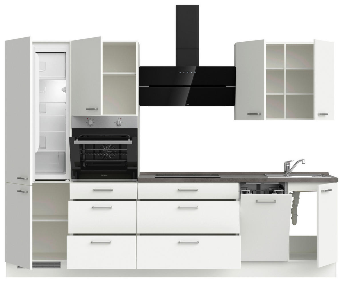 BUCĂTĂRIE FĂRĂ ELECTROCASNICE  - alb/culoare inox, Modern, metal/material pe bază de lemn (300cm) - Nobilia