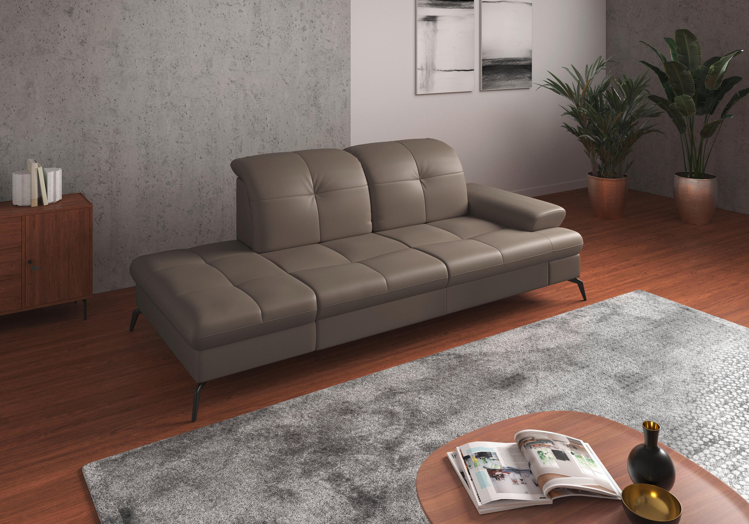 RÉCAMIERE Grau Echtleder  - Schwarz/Grau, KONVENTIONELL, Leder/Metall (231/90/122cm) - Sit & More