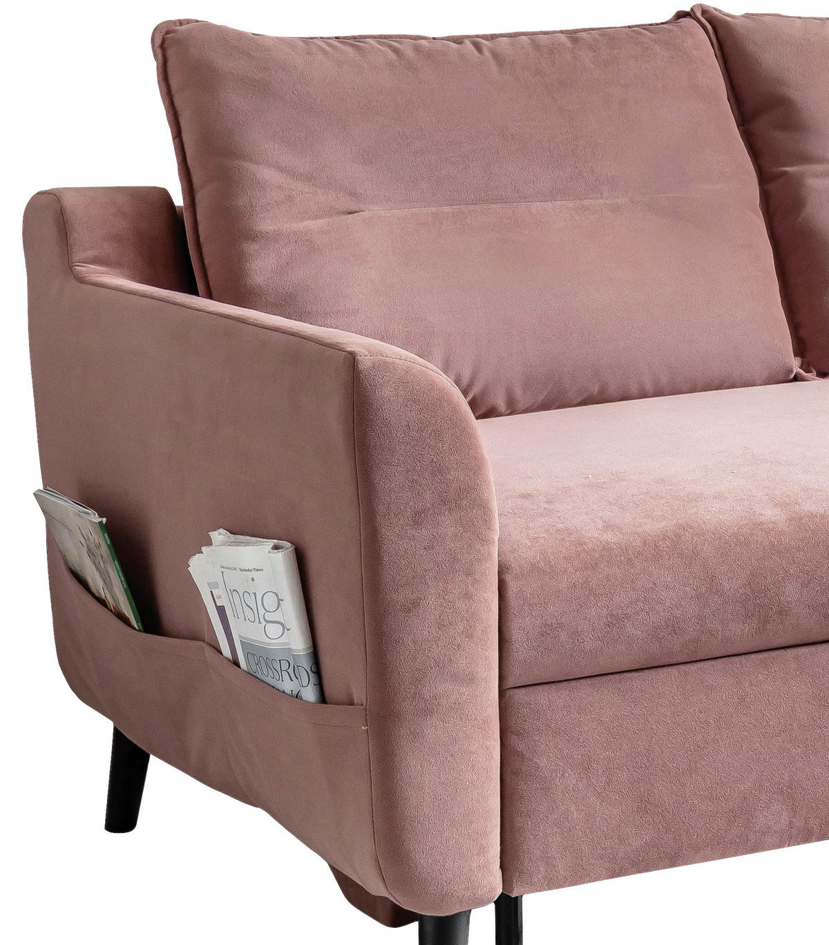 ECKSCHLAFSOFA Stylish Stan Velours Altrosa  inkl. Rückenkissen, Bettkasten, Schlaffunktion  - Schwarz/Altrosa, Basics, Holz/Textil (230/150cm) - MID.YOU