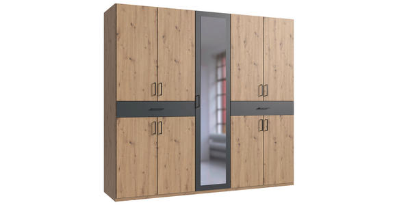 DREHTÜRENSCHRANK in Graphitfarben, Eiche Artisan - Schwarz/Graphitfarben, KONVENTIONELL, Glas/Holzwerkstoff (225/208/58cm) - Carryhome