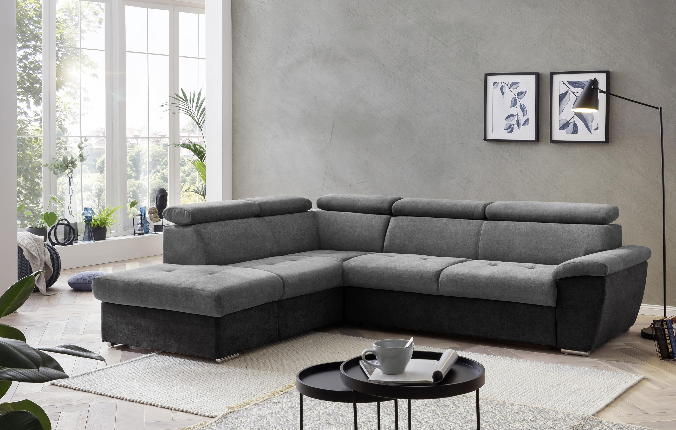 ECKSOFA in Mikrofaser Schwarz, Dunkelgrau  - Chromfarben/Dunkelgrau, Design, Textil/Metall (216/262cm) - Livetastic