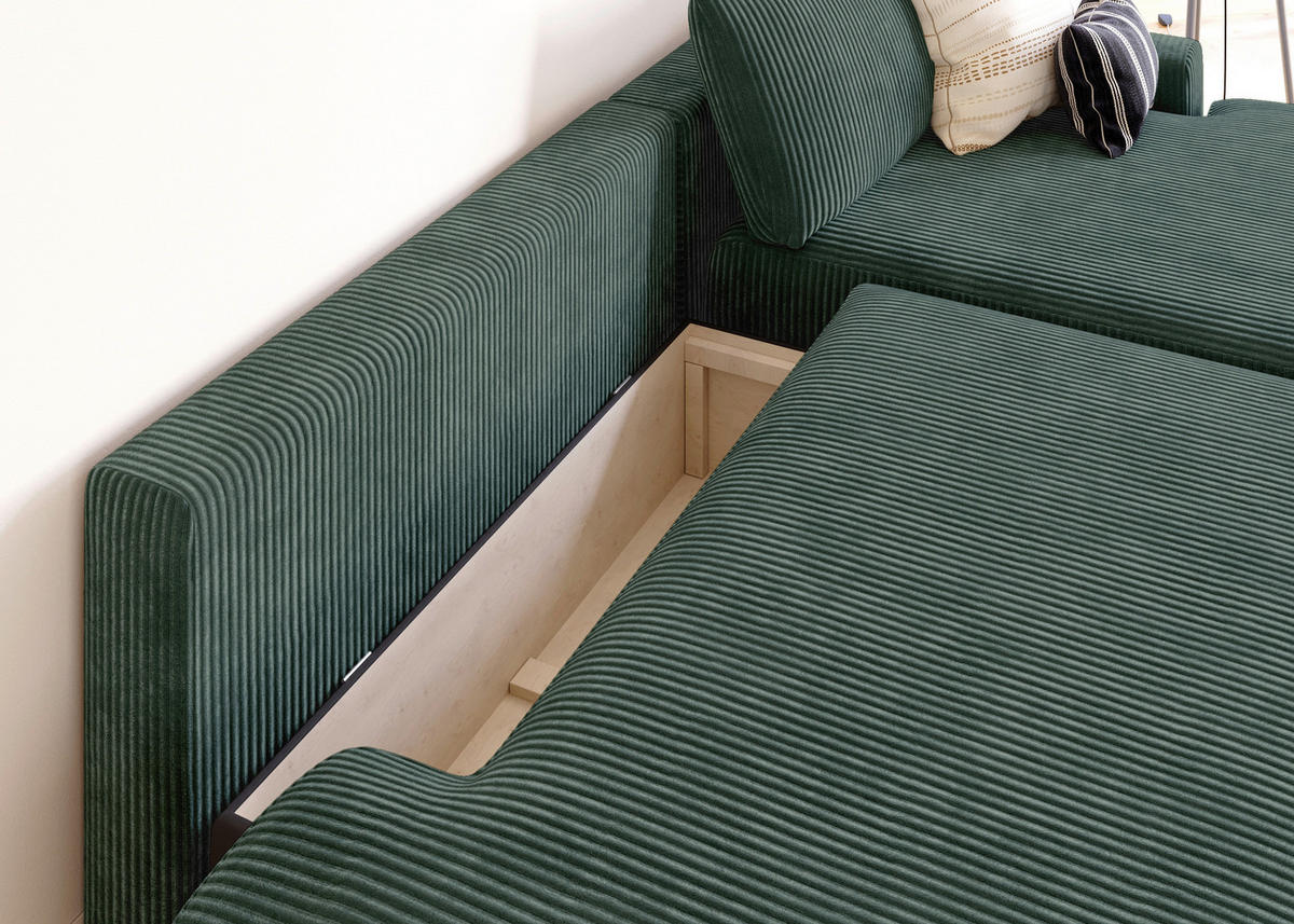ECKSCHLAFSOFA  mit Schlafen auf Sitzhöhe, Rücken echt, Armteil rechts Cord Dunkelgrün  - Dunkelgrün/Schwarz, MODERN, Kunststoff/Textil (253/167cm) - Trendmanufaktur