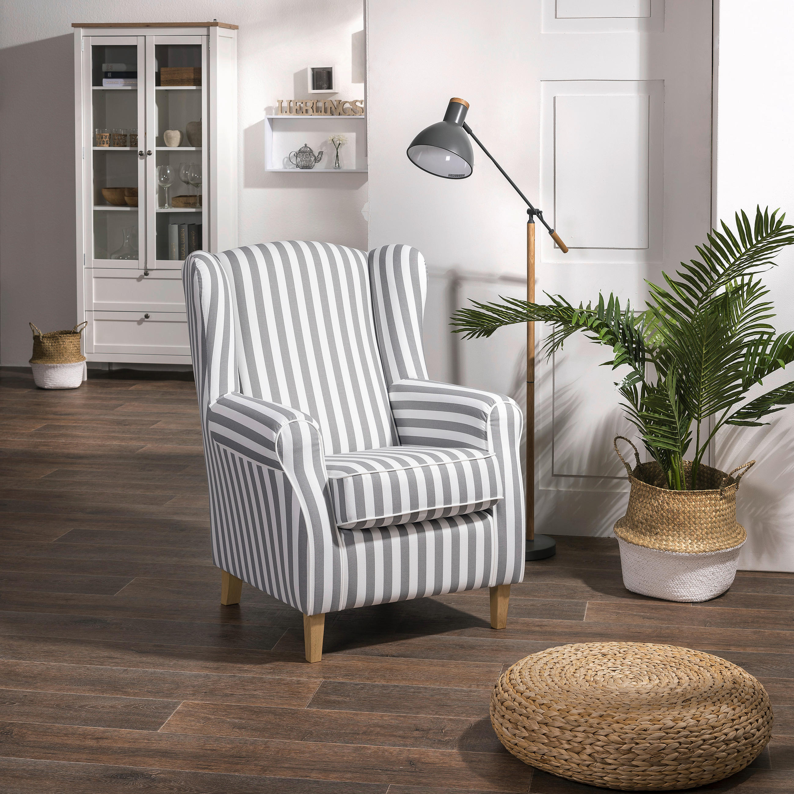 OHRENSESSEL Flachgewebe Weiß, Hellbraun  - Hellbraun/Eichefarben, KONVENTIONELL, Holz/Textil (77/103/86cm) - Max Winzer