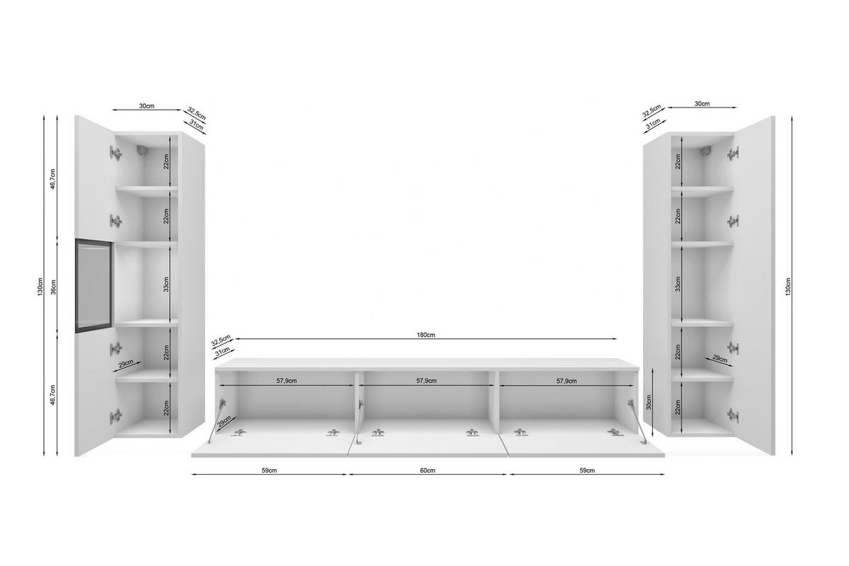 HYLLKOMBINATION 3 delar  i vit, vit högglans  240/130/31 cm  - vit/vit högglans, Design, trämaterial/glas (240/130/31cm) - MID.YOU