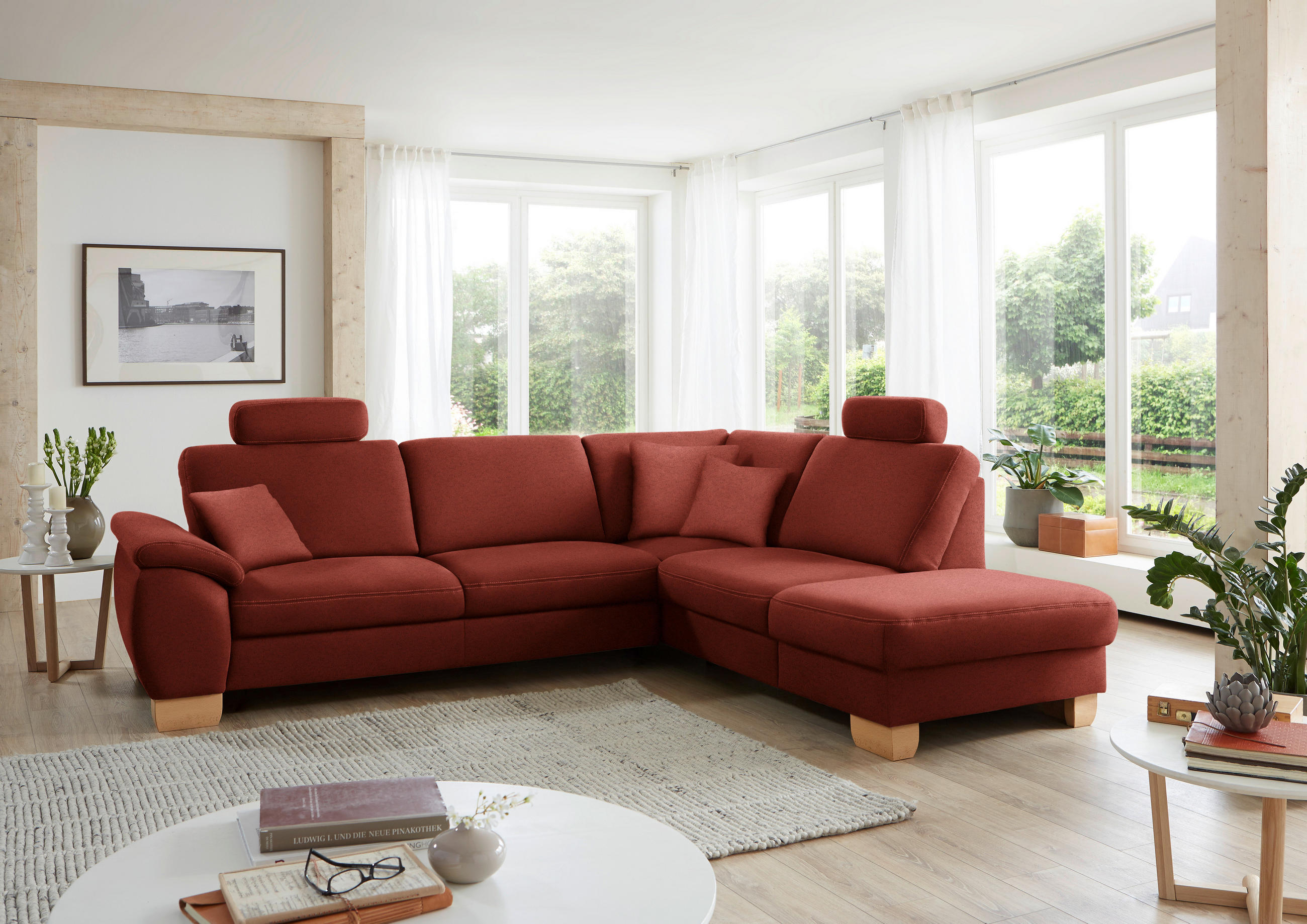 ECKSOFA in Mikrofaser Rot  - Wildeiche/Beige, Natur, Holz/Textil (286/236cm) - Voleo